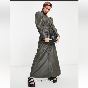 ASOS Design leather Look BUTTOn Front Maxi Shirt Dress in Olive